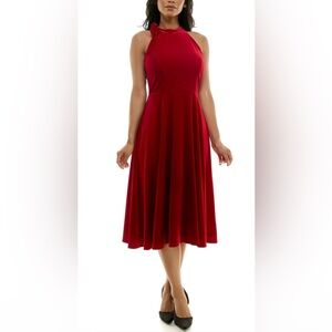 Maison Tara Red Velvet Halter Fit & Flare Midi Dress sz 10 NWT $89